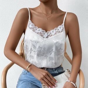 SHEIN LUNE White Floral Jacquard Contrast Lace Satin Cami Top SZ XS